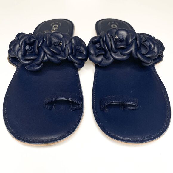 Chanel Camellia Flower CC Logo Flat Toe Ring Slide Blue Sandals EU 40 US 9-9.5 - Picture 3 of 9